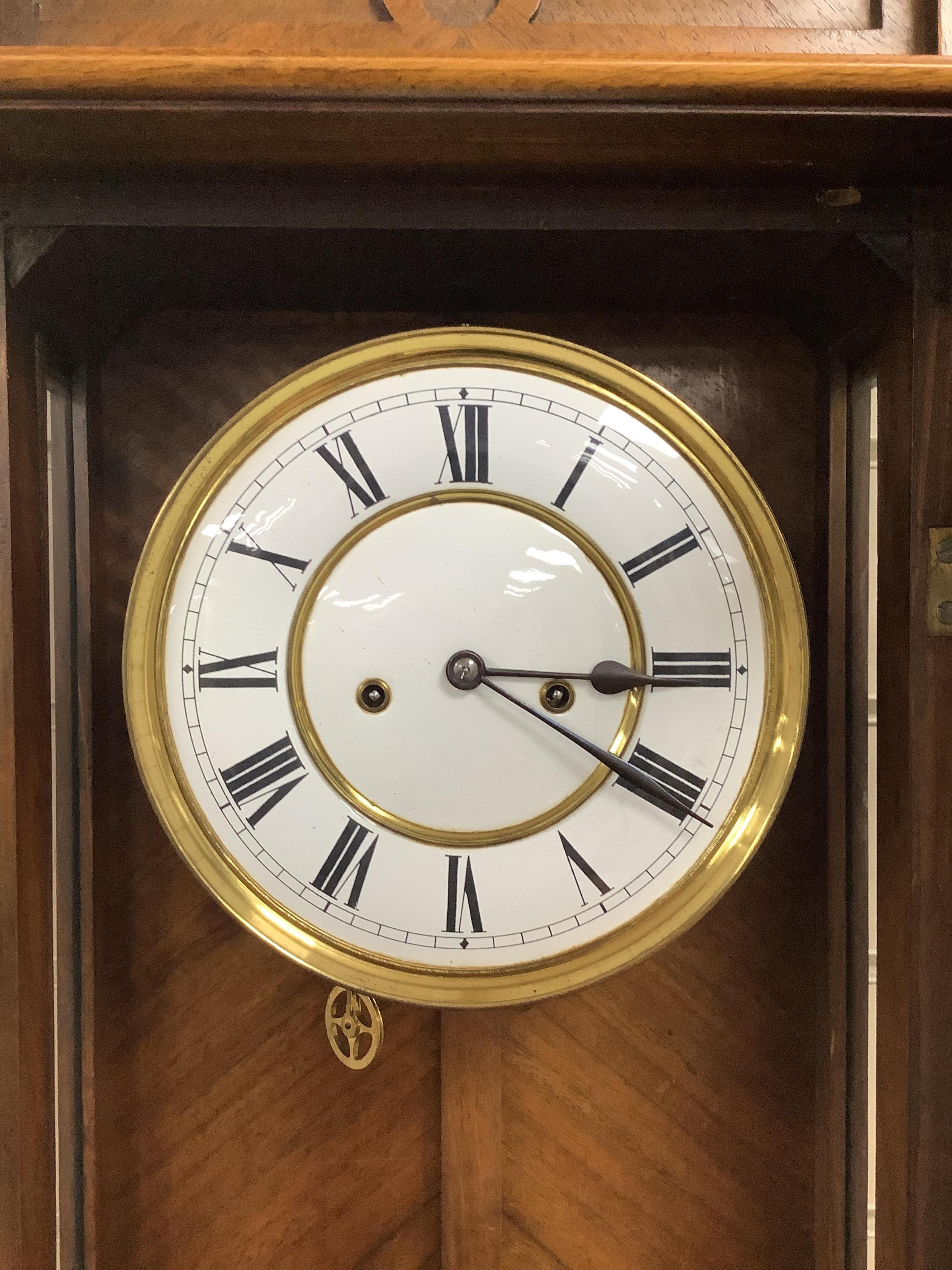 An early 20th century walnut Vienna style regulator wall clock, height 140cm. Condition - good